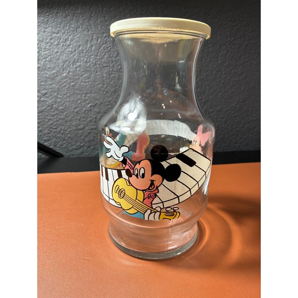 Vintage Walt Disney Mickey Minnie Mouse Goofy Glass Pitcher Music Band 9"